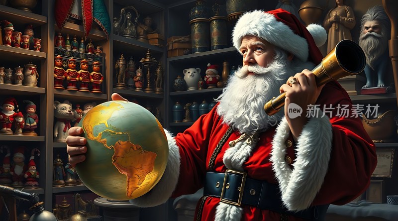 圣诞老人手持地球仪探索世界奥秘
