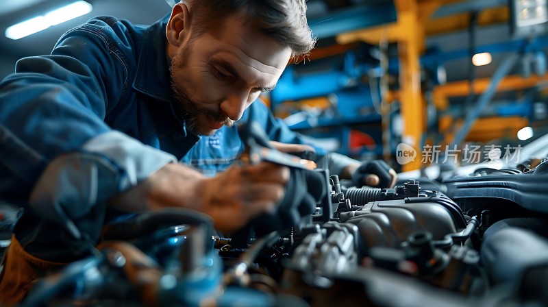 机械师专注检修汽车引擎