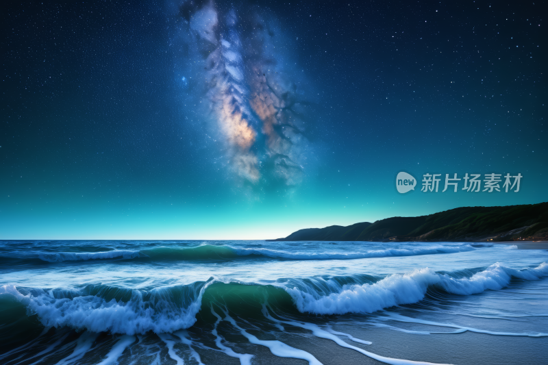 海洋上的星空海浪拍打着海岸高清图片