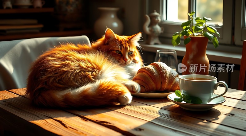 阳光下的橘猫与早餐时光