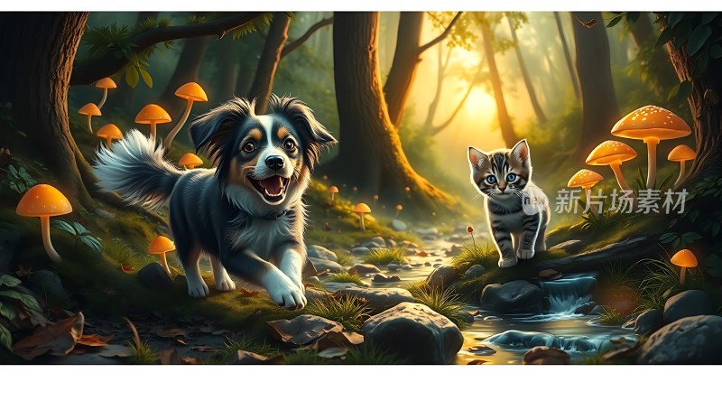 阳光下的森林小溪边小狗和小猫一起玩耍