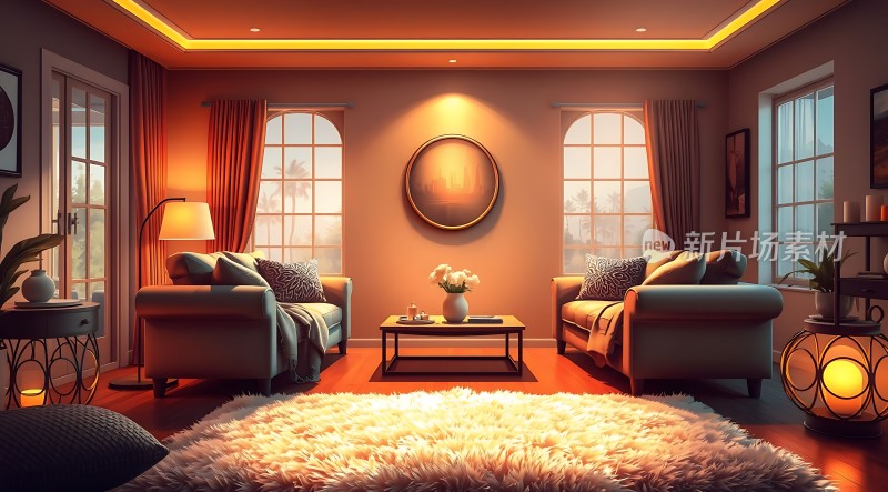 温馨客厅舒适沙发柔和灯光自然美景