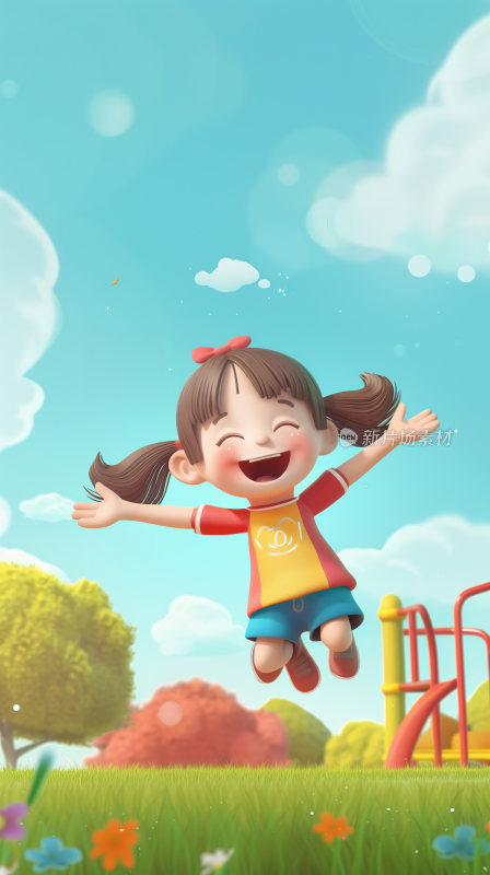 一个可爱的小女孩儿在游乐园高兴地跳起来