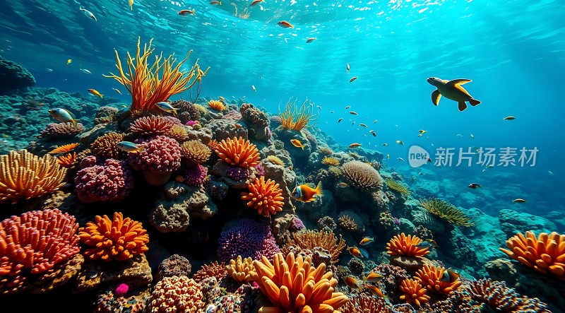 海底世界奇观珊瑚礁与海龟共舞