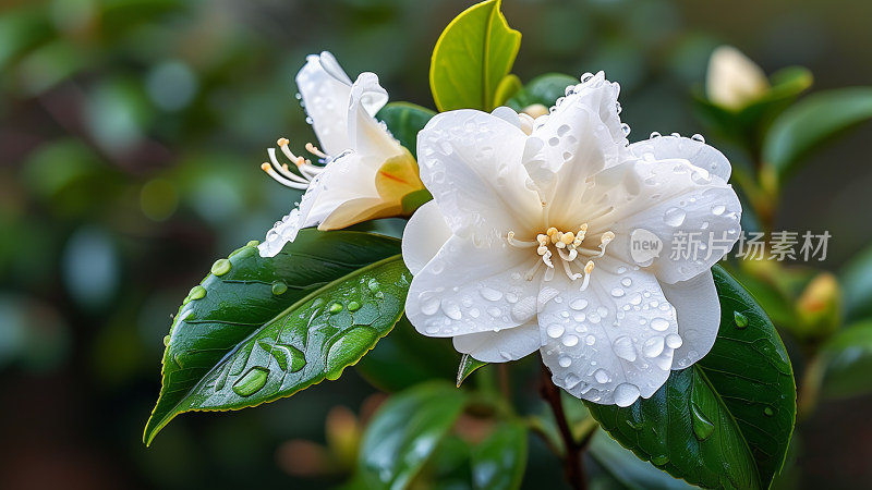 清晨雨后白色山茶花