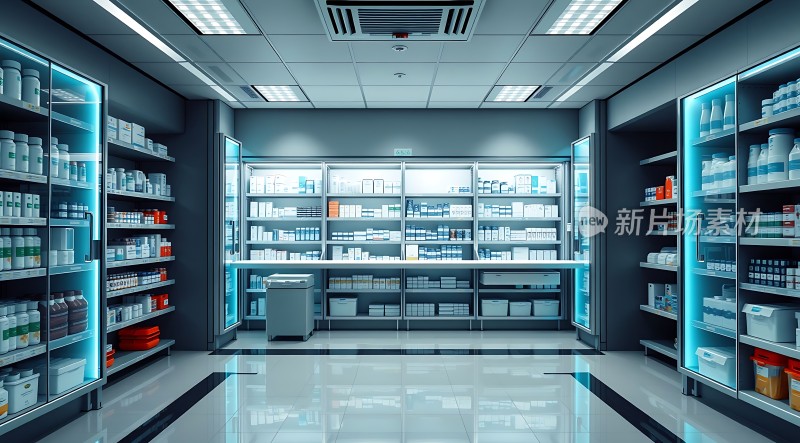 现代药房整洁明亮药品陈列整齐环境舒适宜人