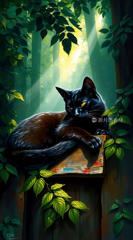 黑猫静卧森林中