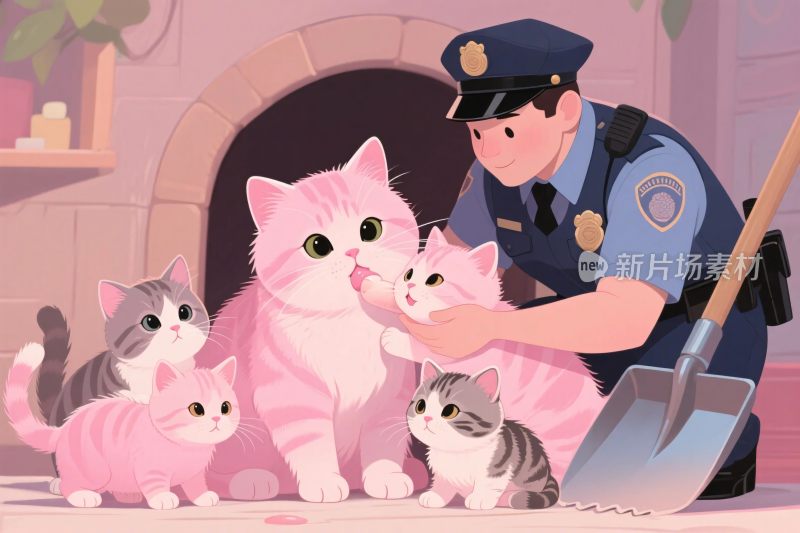 卡通警察与猫咪温情互动