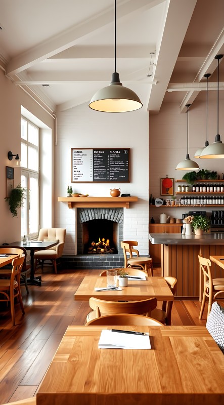 温馨咖啡馆木质家具与壁炉营造舒适氛围