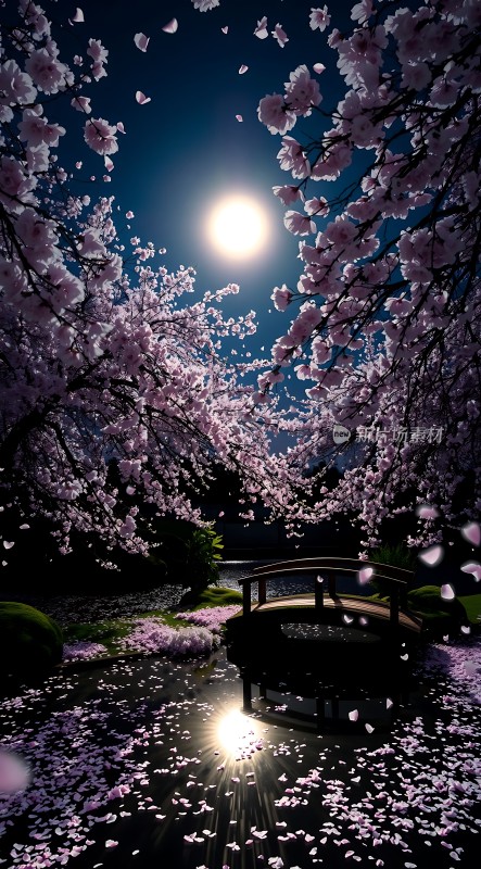 春夜月下樱花雨