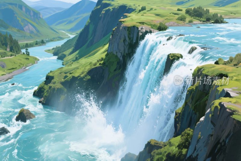 山水瀑布风景插画