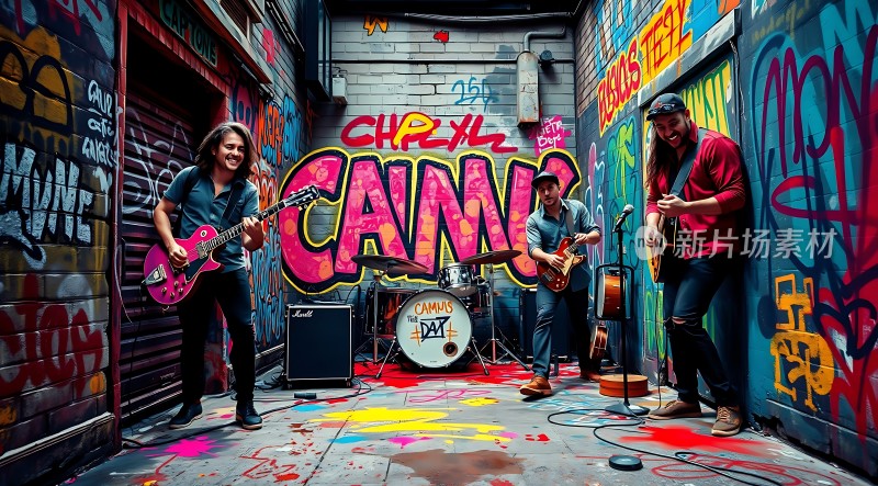 街头乐队激情演奏色彩斑斓涂鸦墙背景下的音乐盛宴