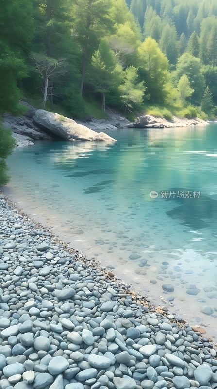 湖畔绿意盎然碧波轻抚石滩