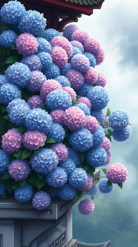 蓝粉绣球花簇拥古建筑