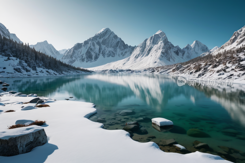 山倒映在雪中的湖水中高清风景图片