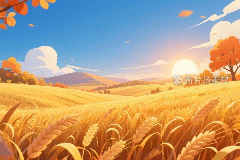 秋日麦田风景插画