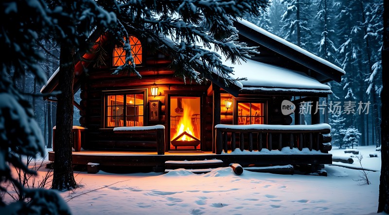 雪夜小木屋温馨篝火