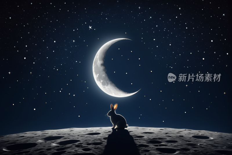 星夜兔子坐在月球上高清背景图片