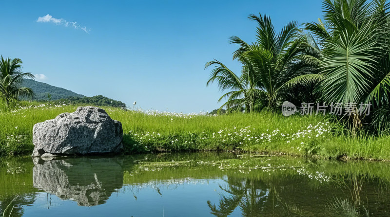 热带风光椰树池塘自然风景旅游图