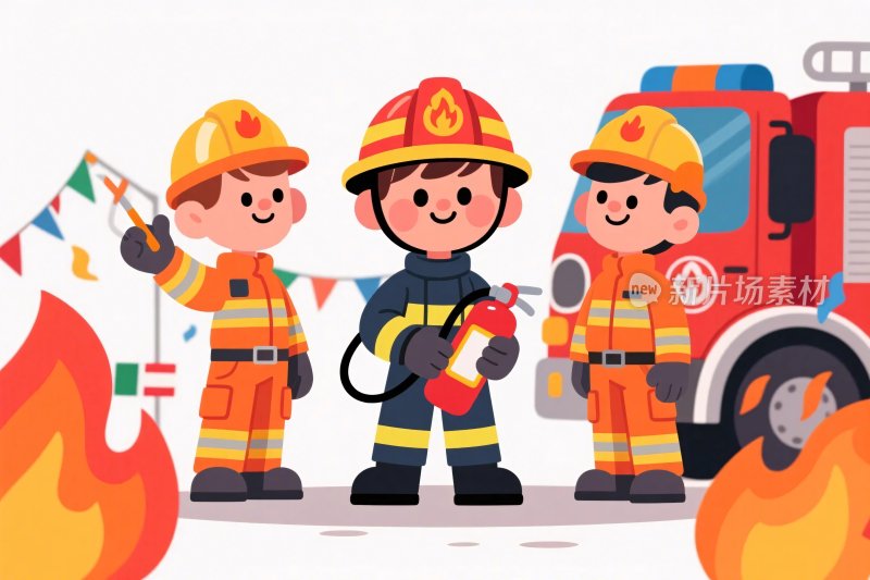 卡通消防员消防车场景图