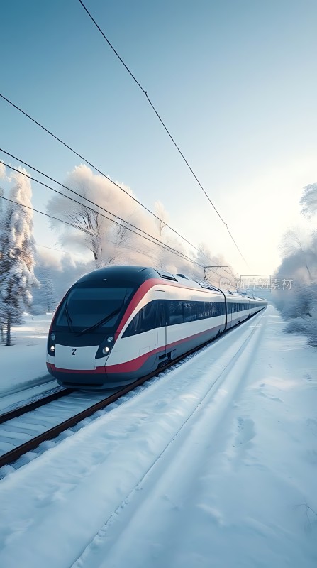 雪地高铁列车行驶在铁轨上