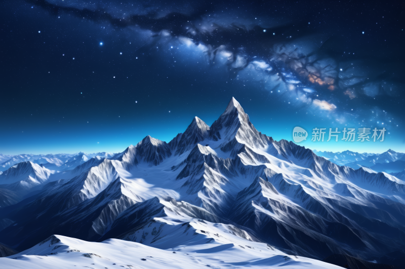 山上覆盖着雪星空充满高清图片