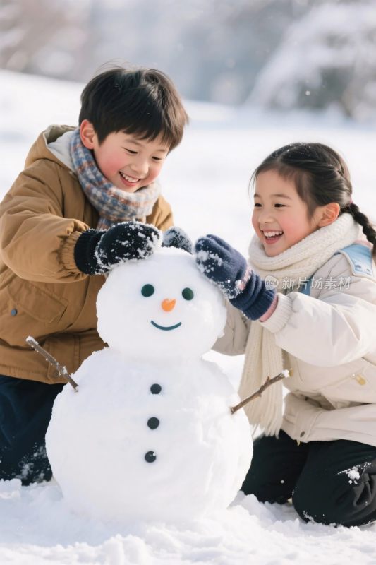 孩子们堆雪人