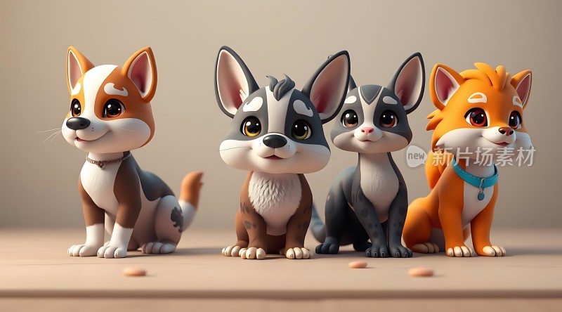 四只可爱卡通动物萌宠坐在一起