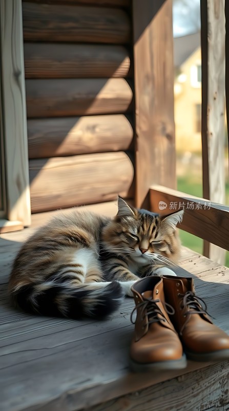 阳光下的慵懒猫咪与皮鞋