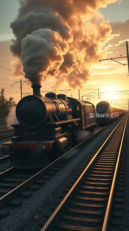 蒸汽火车驶向夕阳下的铁轨