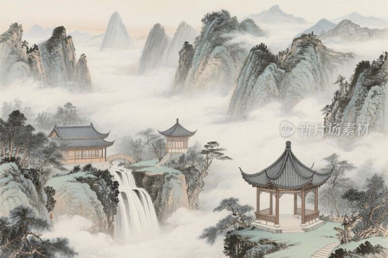 山水古建水墨画