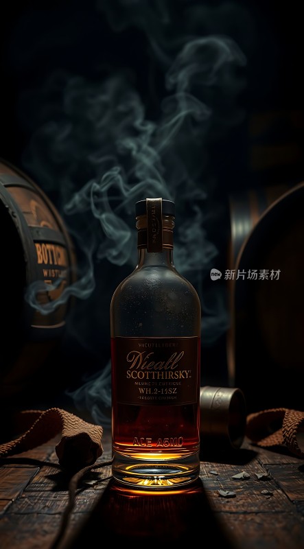 威士忌酒瓶与烟雾