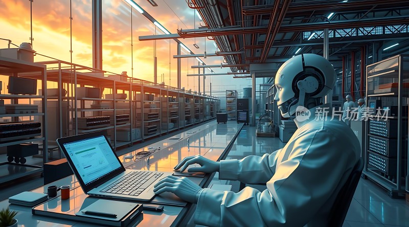 智能机器人操作电脑未来科技感十足