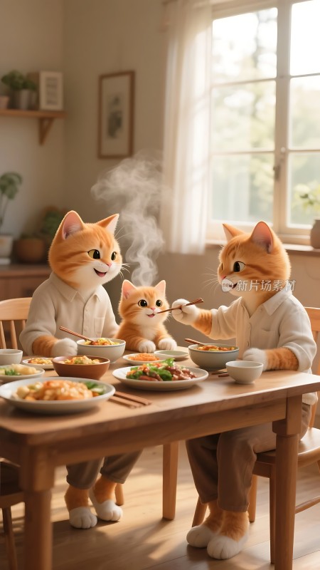 橘猫一家温馨共进晚餐