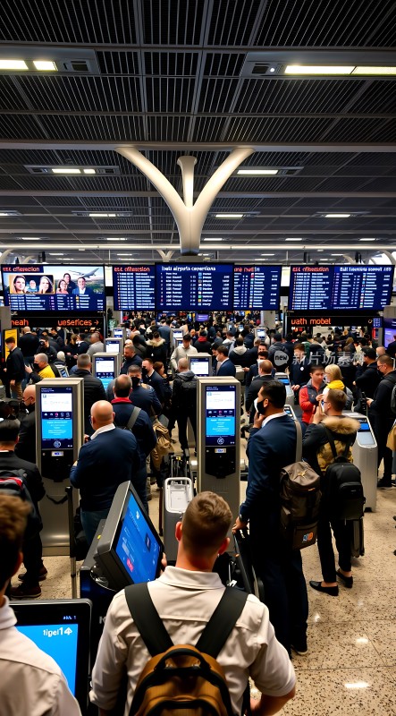 机场候机大厅人潮涌动旅客排队办理登机手续