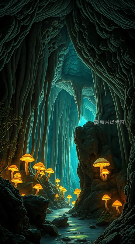 神秘洞穴中的荧光蘑菇