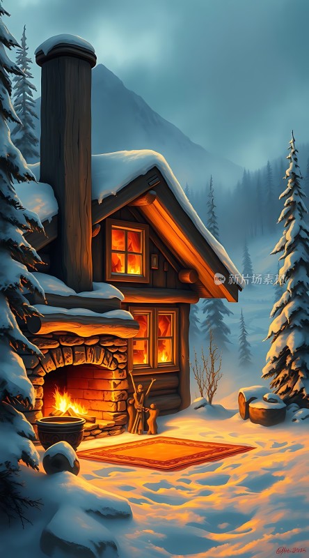 雪夜小木屋温馨 fireplace