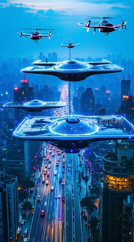 未来城市悬浮飞碟与无人机共舞