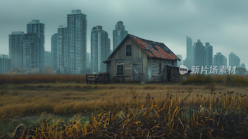 城市边缘的老木屋与高楼大厦对比鲜明