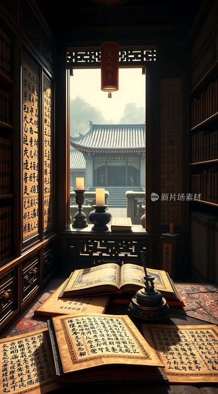 古风书房阳光洒落书香门第