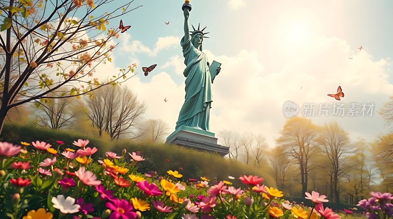 自由女神像与花海