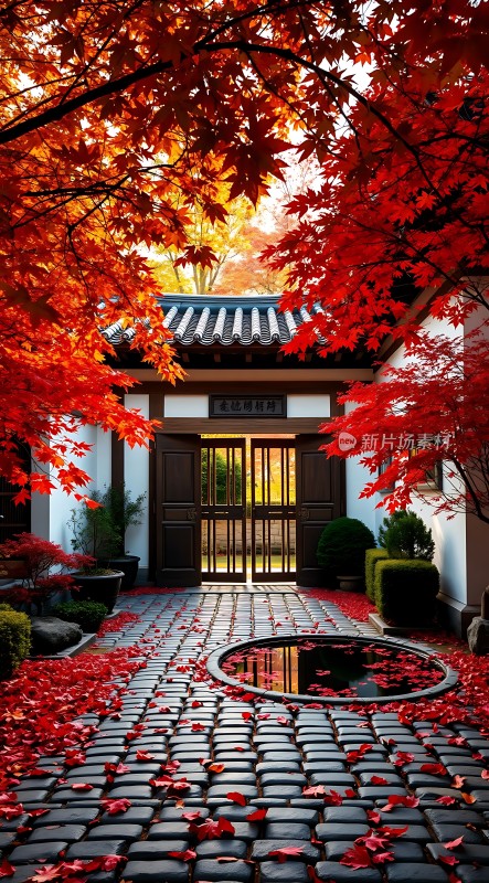 秋日红枫映古宅