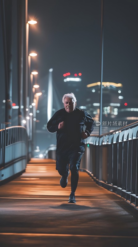 夜跑老人城市夜景下的坚持与活力