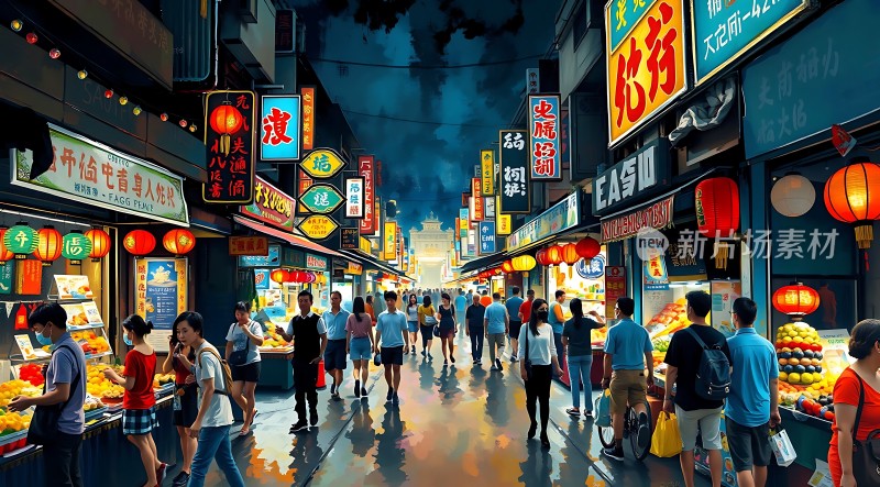 繁华夜市灯火辉煌热闹非凡