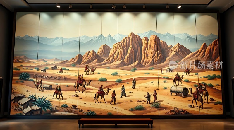 沙漠驼队穿越金色沙丘