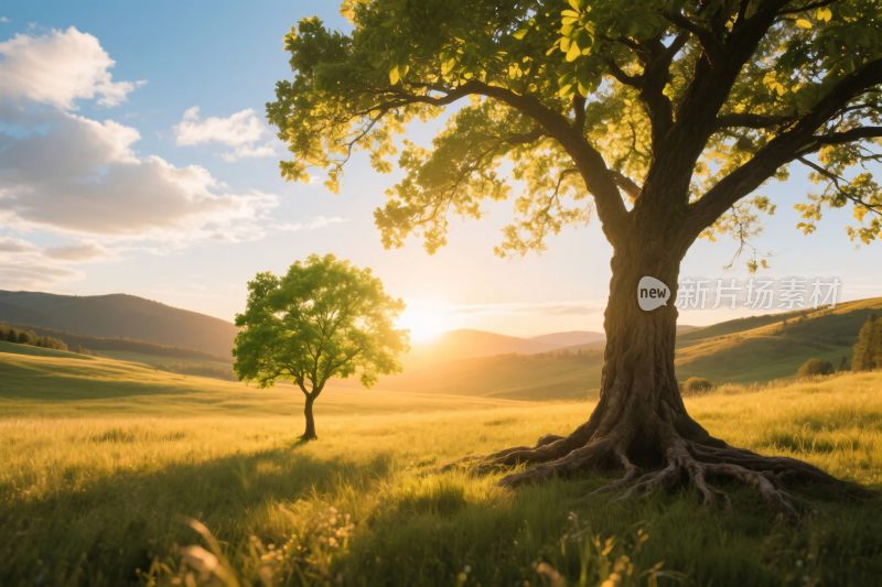夕阳草地树木风景
