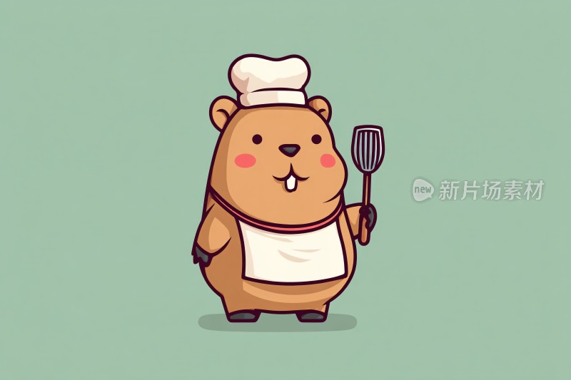 戴厨师帽持锅铲的卡通小熊
