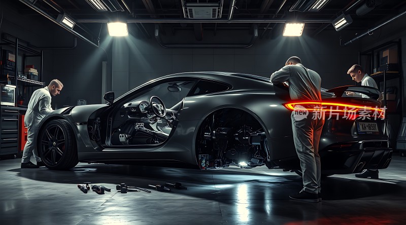 新片场素材车间内三名身穿白色工作服的工作人员正在检查一辆黑色跑车