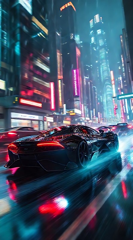 赛博朋克之夜疾驰的未来座驾