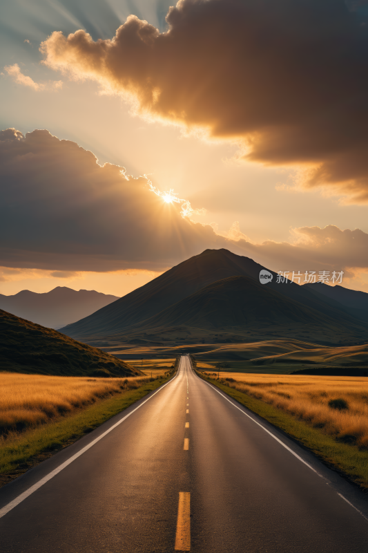 扫射道路一座山夕阳西下高清风景图片